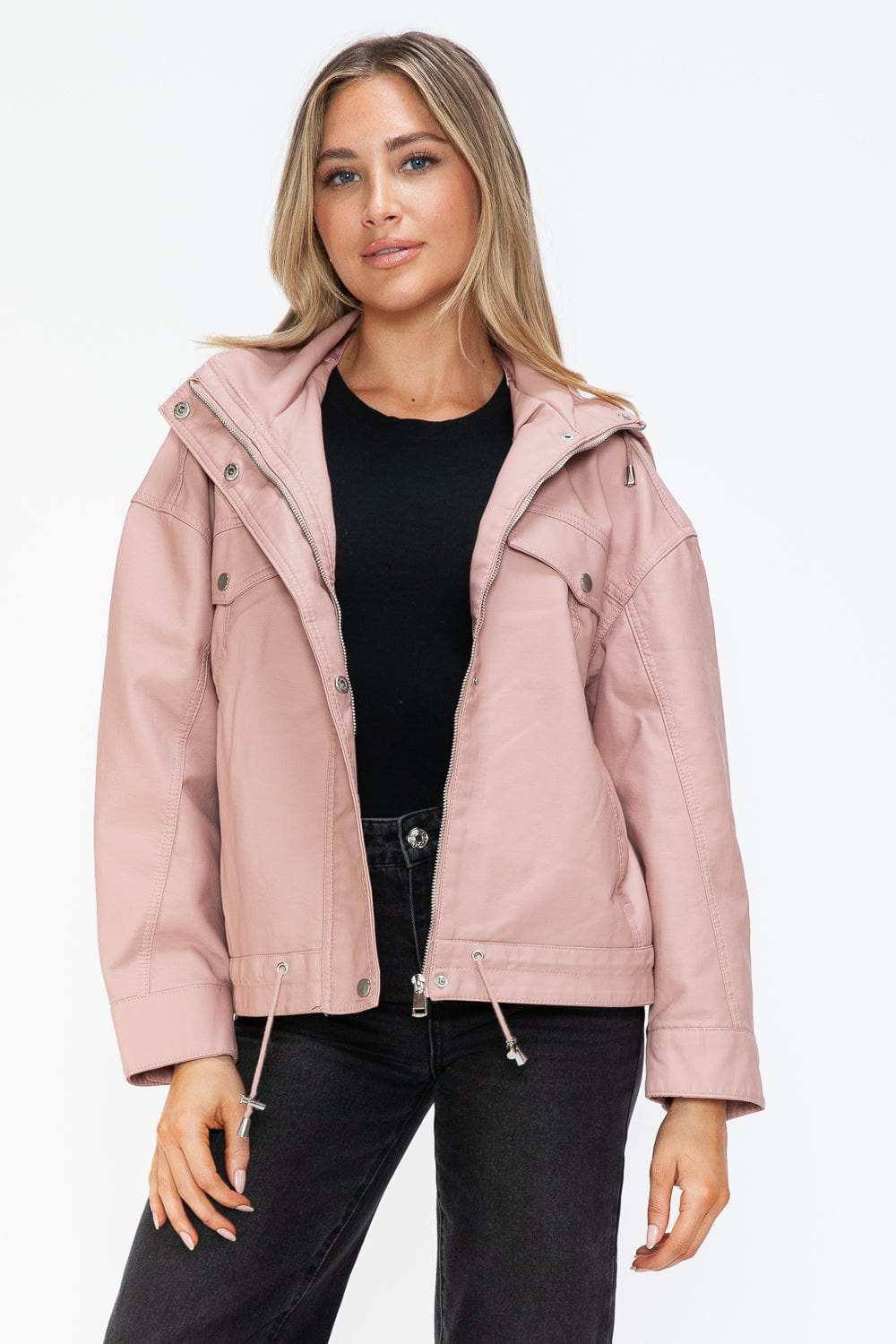 How Dare U Drawstring Hem PU Leather Zip Up Jacket - Trendsi - Flyclothing LLC