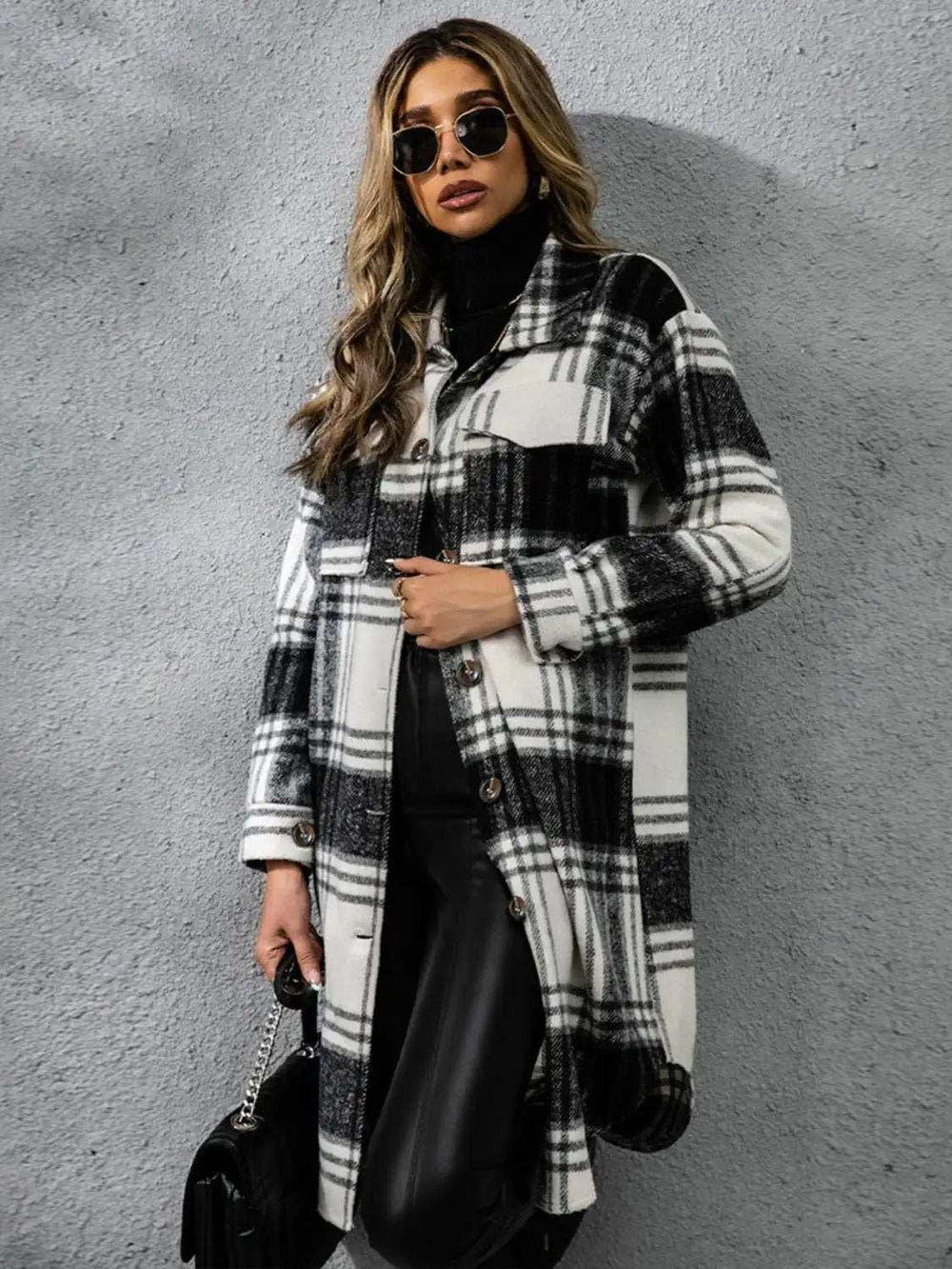 Plaid Collared Neck Long Sleeve Coat - Trendsi - Flyclothing LLC