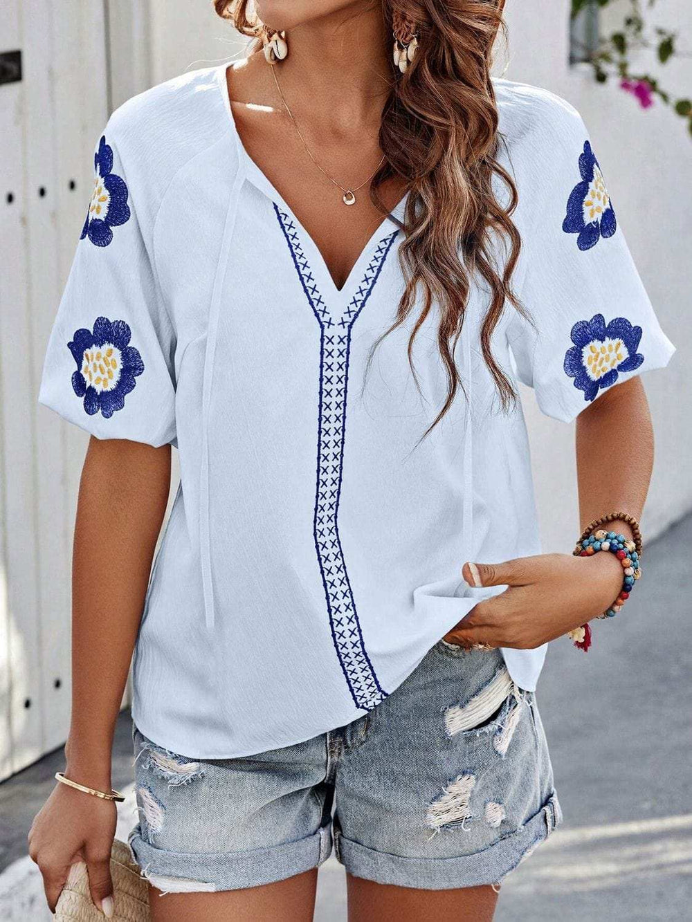Embroidered Tie Neck Puff Sleeve Blouse - Trendsi - Flyclothing LLC