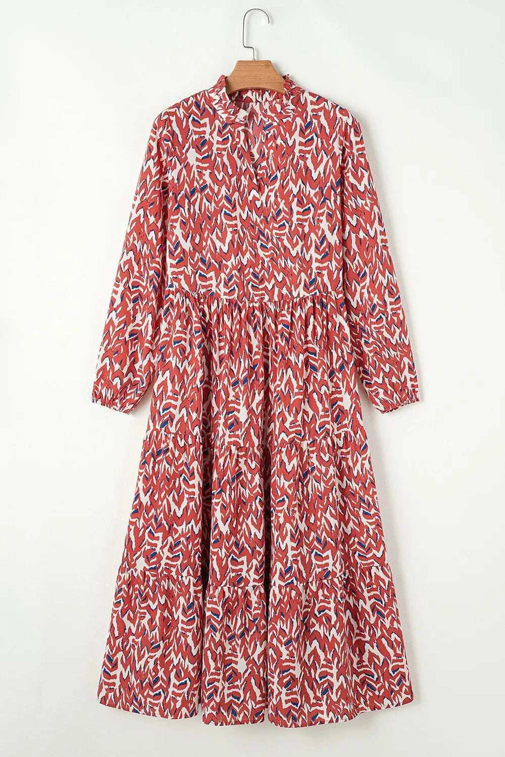 Printed Notched Long Sleeve Dress - Trendsi - Flyclothing LLC