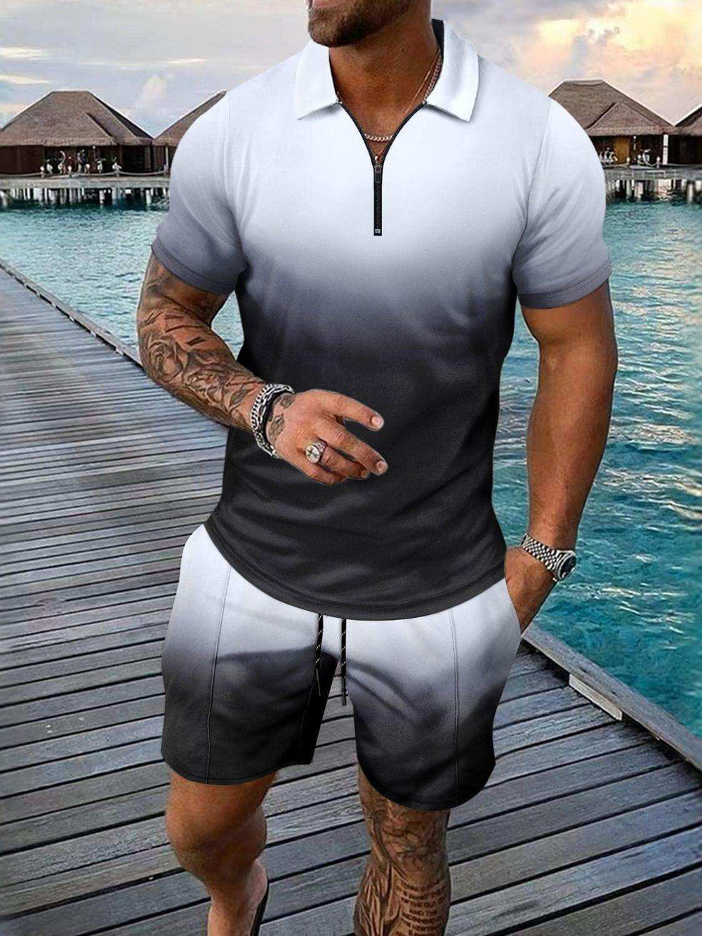 Men's Full Size Gradient Collared Neck Top and Shorts Set Plus Size - Trendsi - Flyclothing LLC