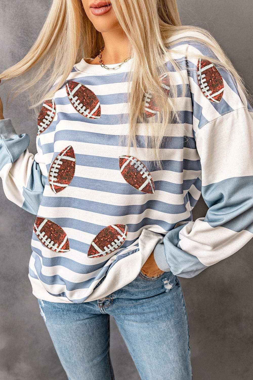 Football Striped Round Neck Long Sleeve Sweatshirt - Trendsi - Flyclothing LLC