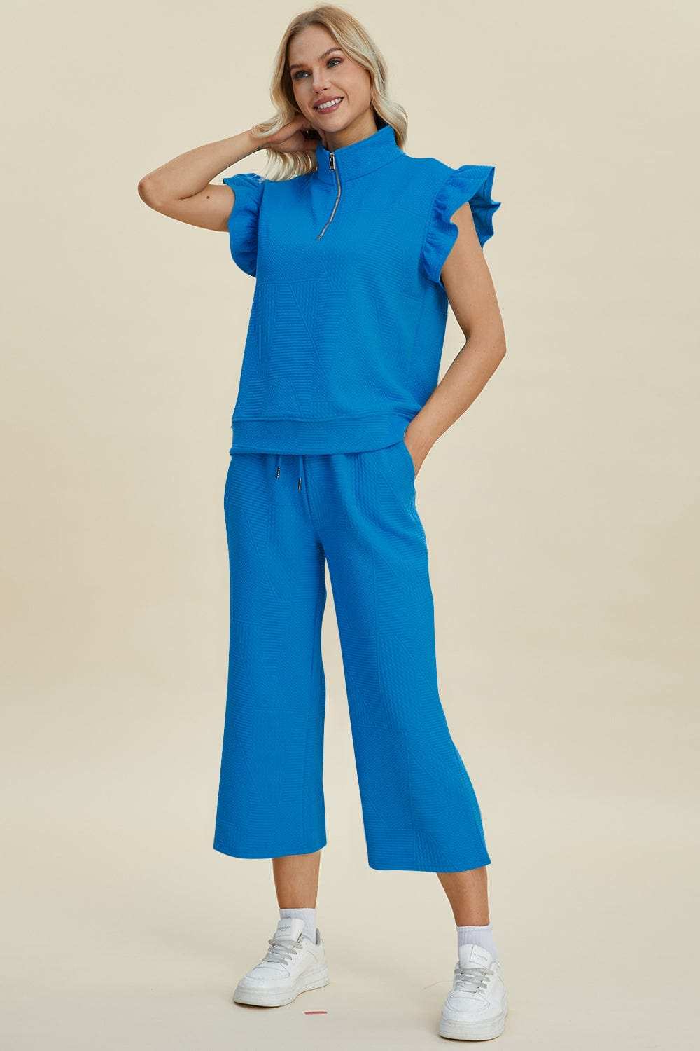 Double Take Full Size Texture Ruffle Short Sleeve Top and Wide Leg Pants Set - Trendsi - Flyclothing LLC