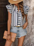 Contrast Striped Notched Ruffled Cap Sleeve Blouse - Trendsi - Flyclothing LLC