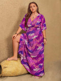 Plus Size Slit Printed Half Sleeve Maxi Dress - Trendsi - Flyclothing LLC