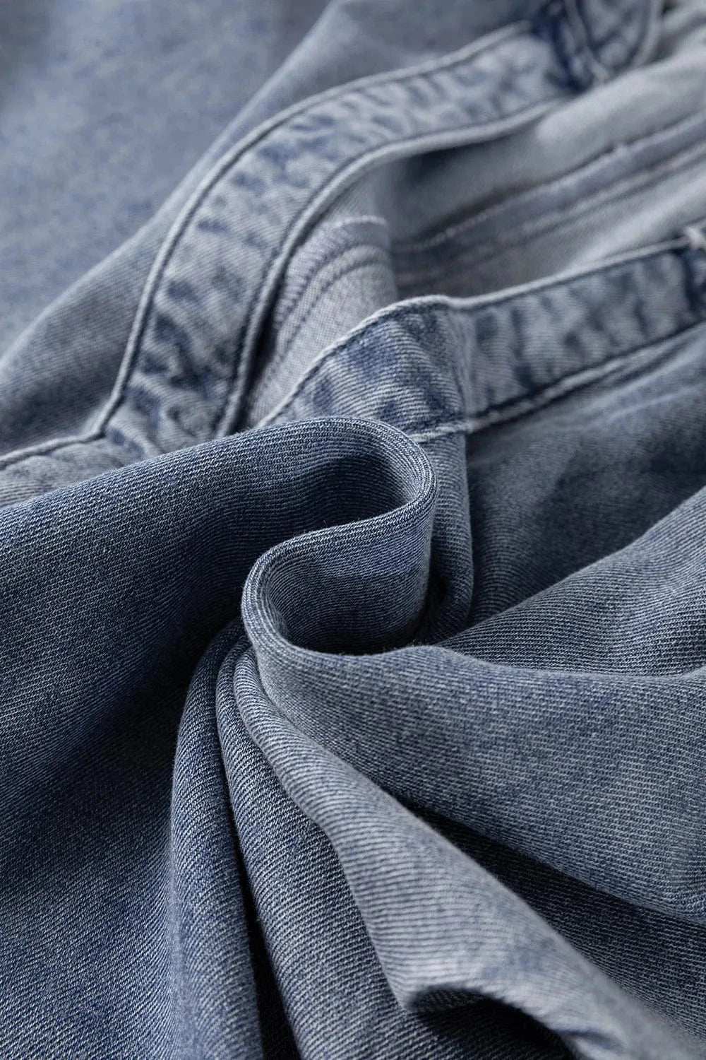 V Neck Ruffled Short Puff Sleeve Denim Top - Trendsi - Flyclothing LLC