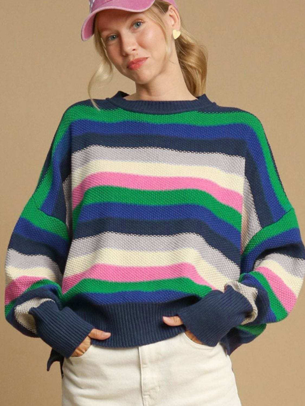 Contrast Striped Round Neck Long Sleeve Sweater - Trendsi - Flyclothing LLC