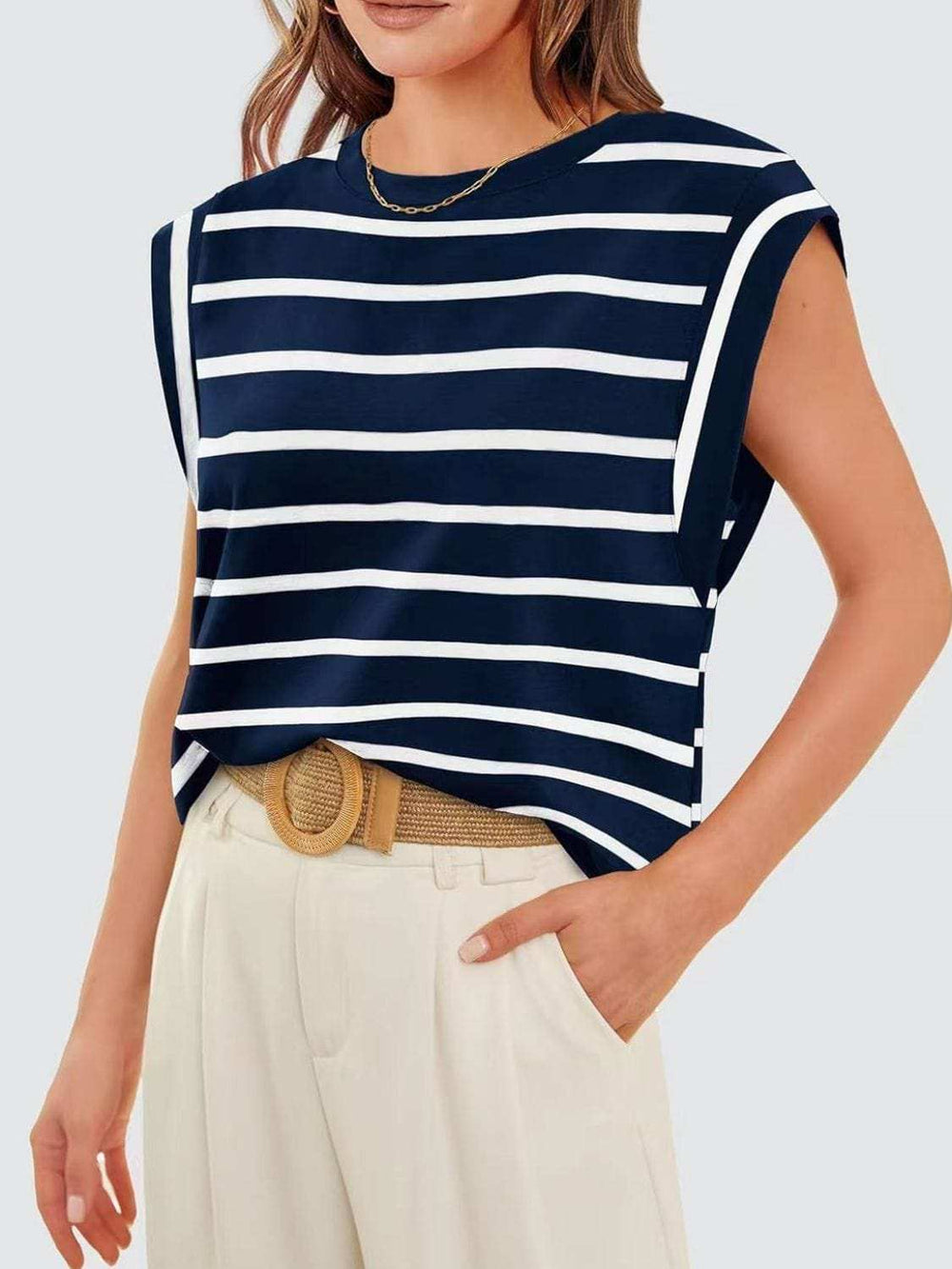 Florira Striped Round Neck Cap Sleeve T-Shirt - Trendsi - Flyclothing LLC