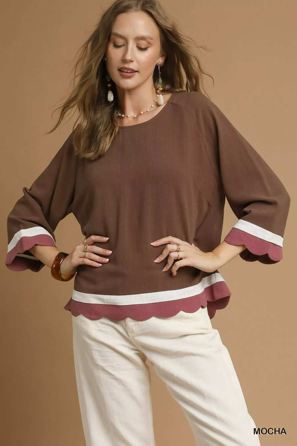 Umgee Scalloped Hem Color Block Top - Trendsi - Flyclothing LLC