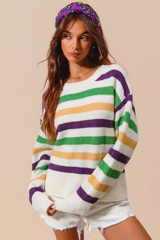 SO ME Mardi Gras Color Stripe Round Neck Sweater Top - Trendsi - Flyclothing LLC
