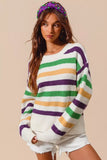 SO ME Mardi Gras Color Stripe Round Neck Sweater Top - Trendsi - Flyclothing LLC