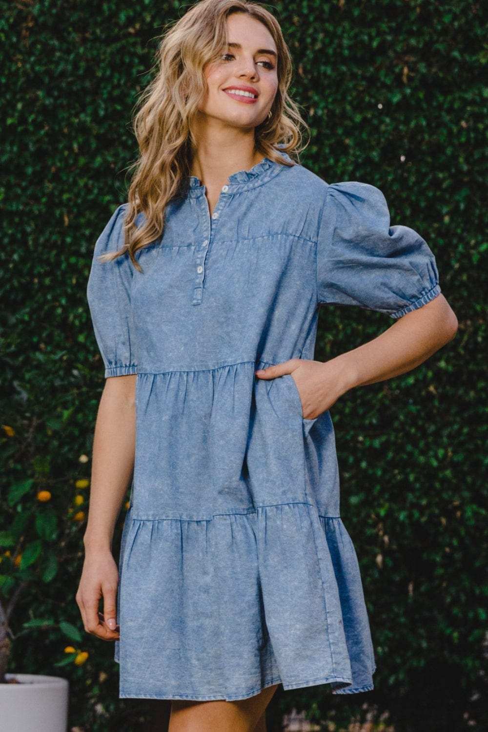 ODDI Washed Tiered Mini Denim Dress - Trendsi - Flyclothing LLC