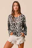 BiBi Leopard Hacci Knit Twist Back Top With Stripe Sleeve - Trendsi - Flyclothing LLC