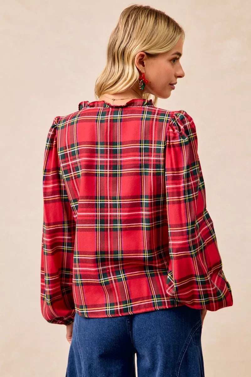 BiBi Christmas Plaid Balloon Sleeves Ruffled V-Neck Top - Trendsi - Flyclothing LLC