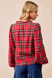 BiBi Christmas Plaid Balloon Sleeves Ruffled V-Neck Top - Trendsi - Flyclothing LLC