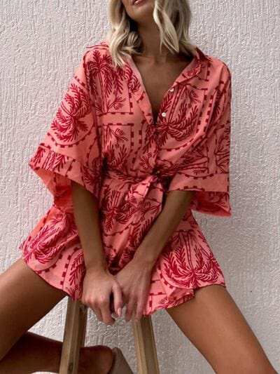 Printed Tie Waist Half Sleeve Romper - Trendsi - Flyclothing LLC