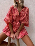 Printed Tie Waist Half Sleeve Romper - Trendsi - Flyclothing LLC