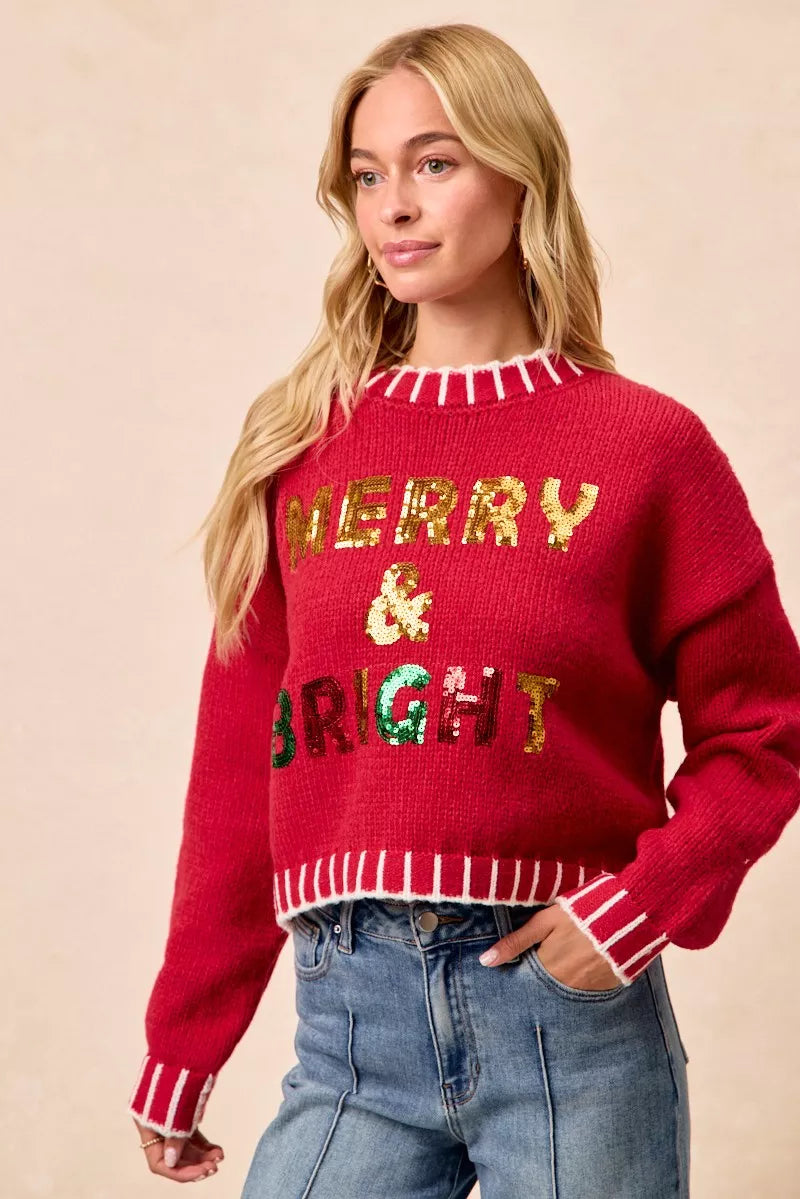 BiBi Christmas Theme Sequin Lattering Sweater - Trendsi - Flyclothing LLC