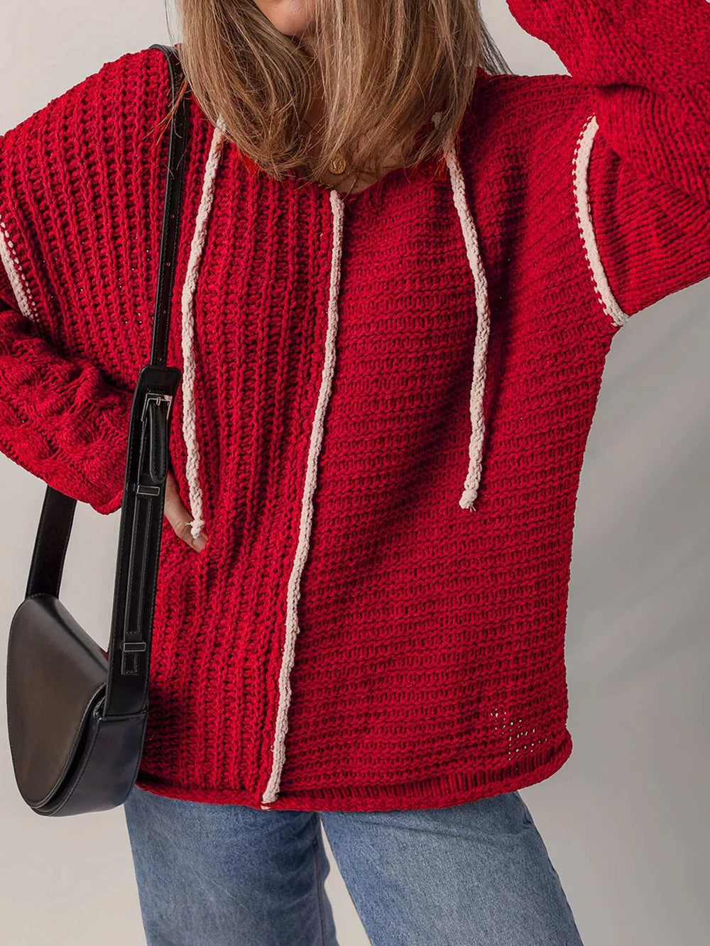 Contrast Trim Textured Knit Drawstring Hooded Sweater - Trendsi - Flyclothing LLC