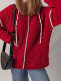 Contrast Trim Textured Knit Drawstring Hooded Sweater - Trendsi - Flyclothing LLC