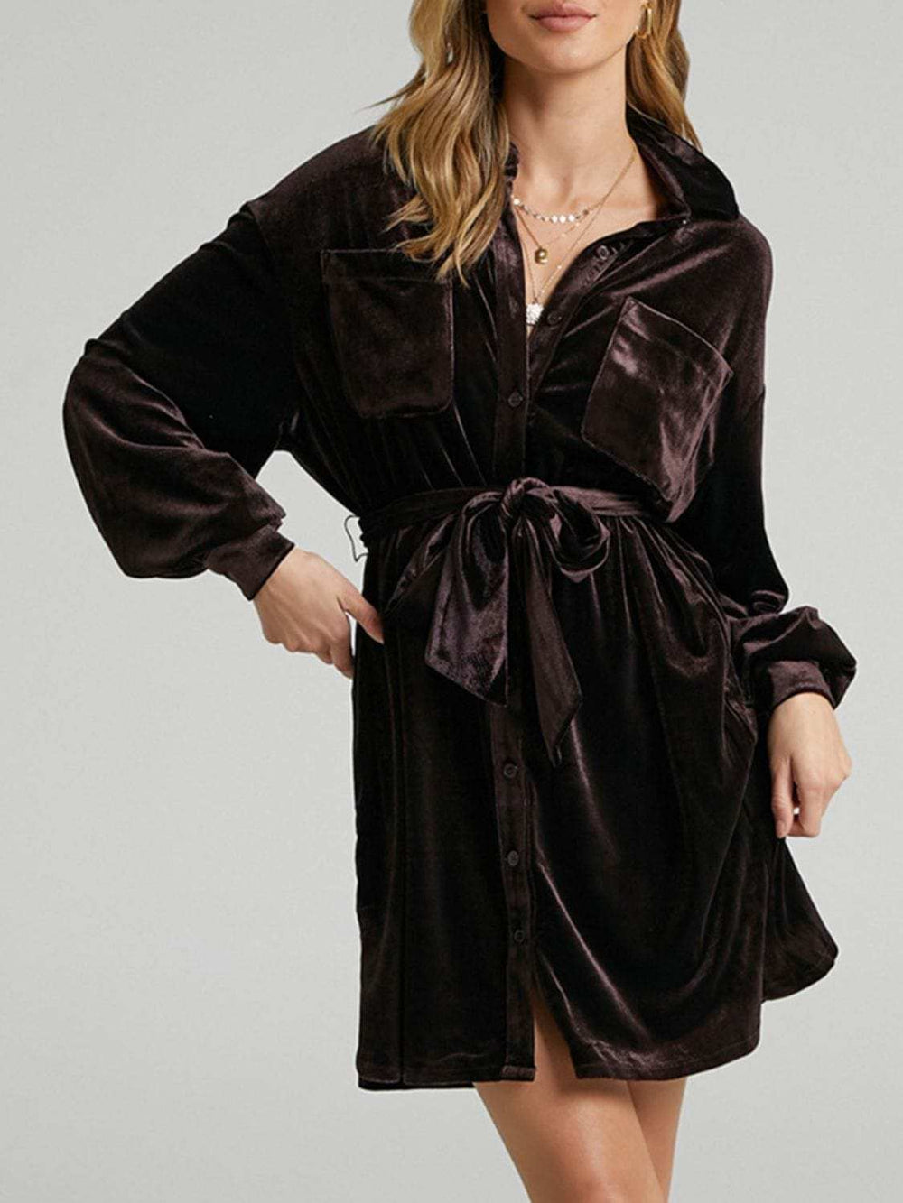 Collared Neck Button Down Long Sleeve Mini Dress - Trendsi - Flyclothing LLC