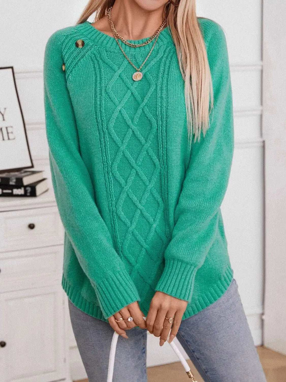 Decorative Button Round Neck Raglan Sleeve Sweater - Trendsi - Flyclothing LLC