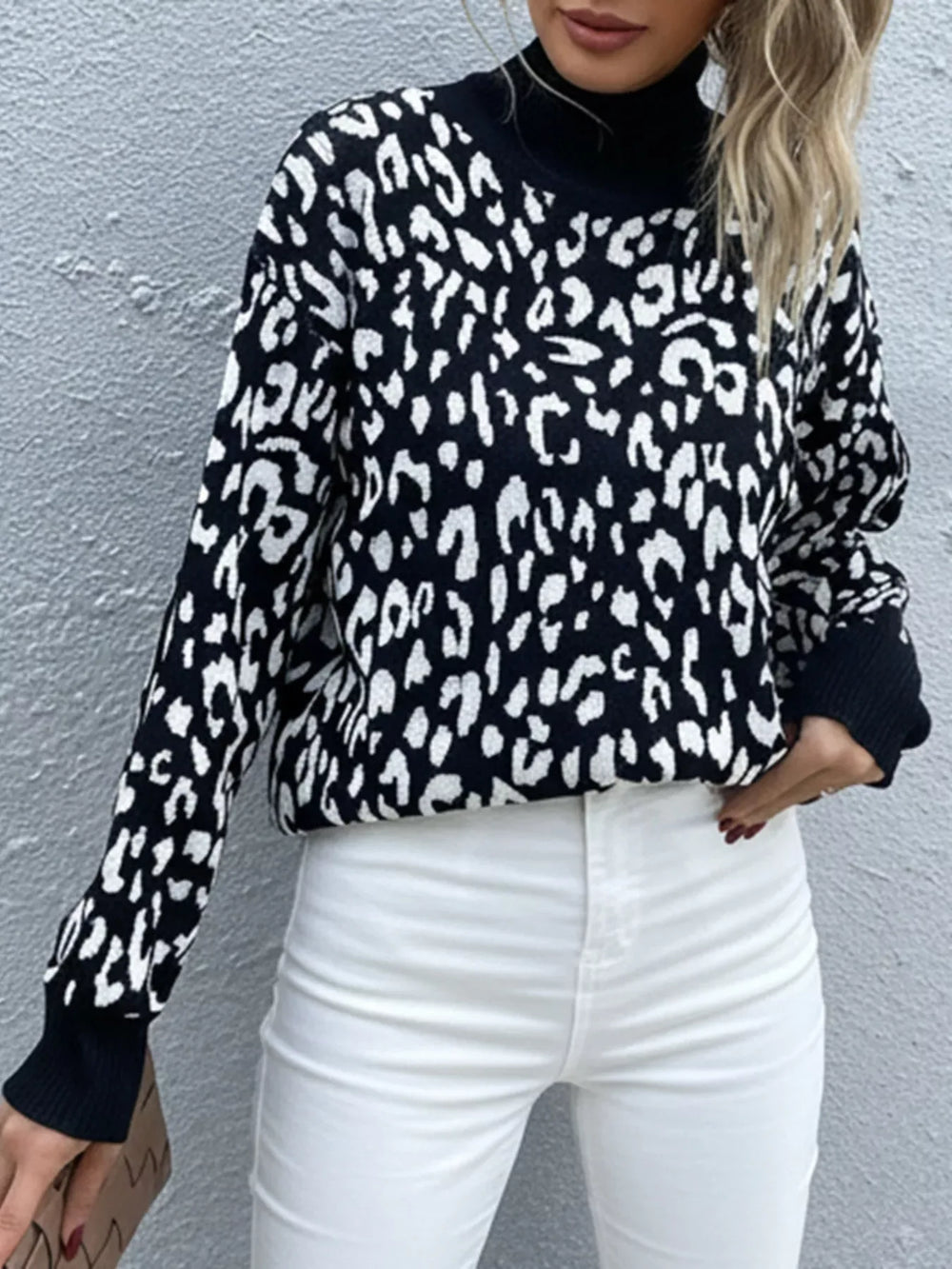 Leopard High Neck Pullover Sweater - Trendsi - Flyclothing LLC
