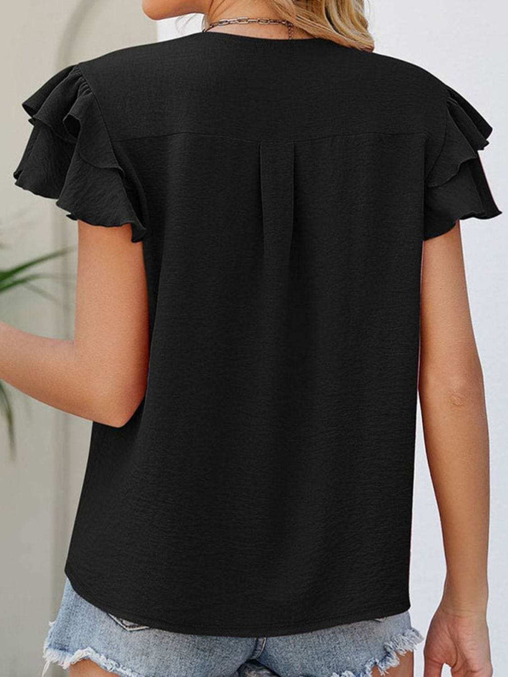 Ruffled V-Neck Cap Sleeve Blouse - Trendsi - Flyclothing LLC