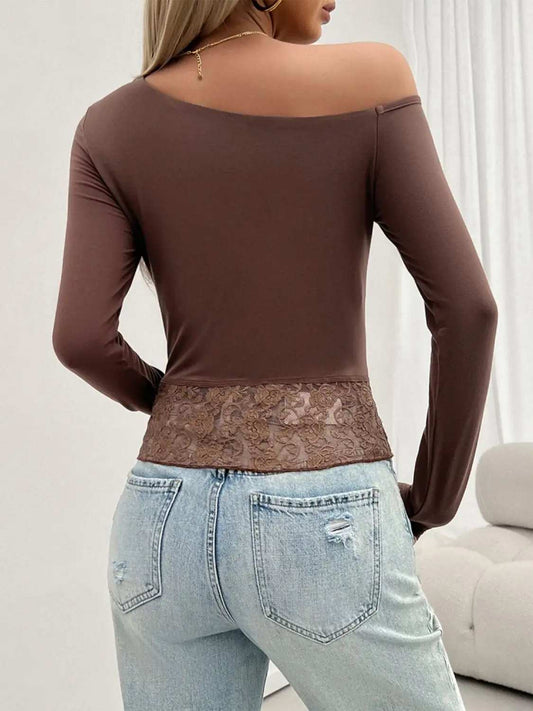 Single Shoulder Long Sleeve Lace T-Shirt - Trendsi - Flyclothing LLC