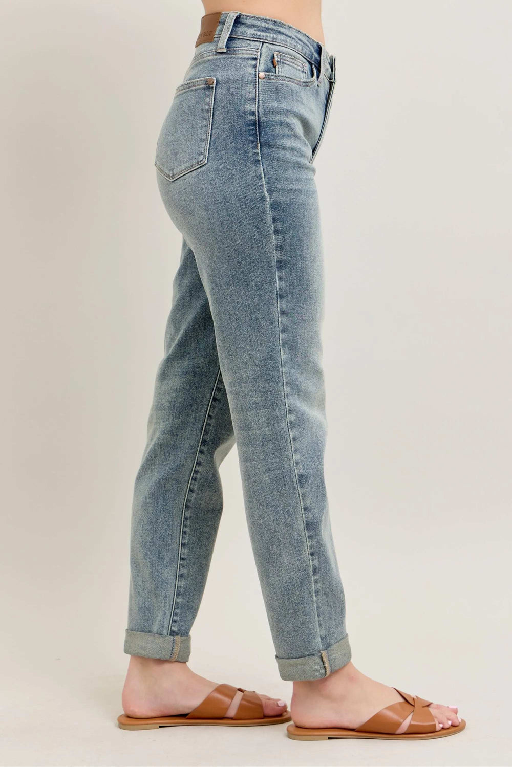 Judy Blue Full Size Hw Vintage Wash Double Roll Cuff Bf Jeans Plus Size - Trendsi - Flyclothing LLC
