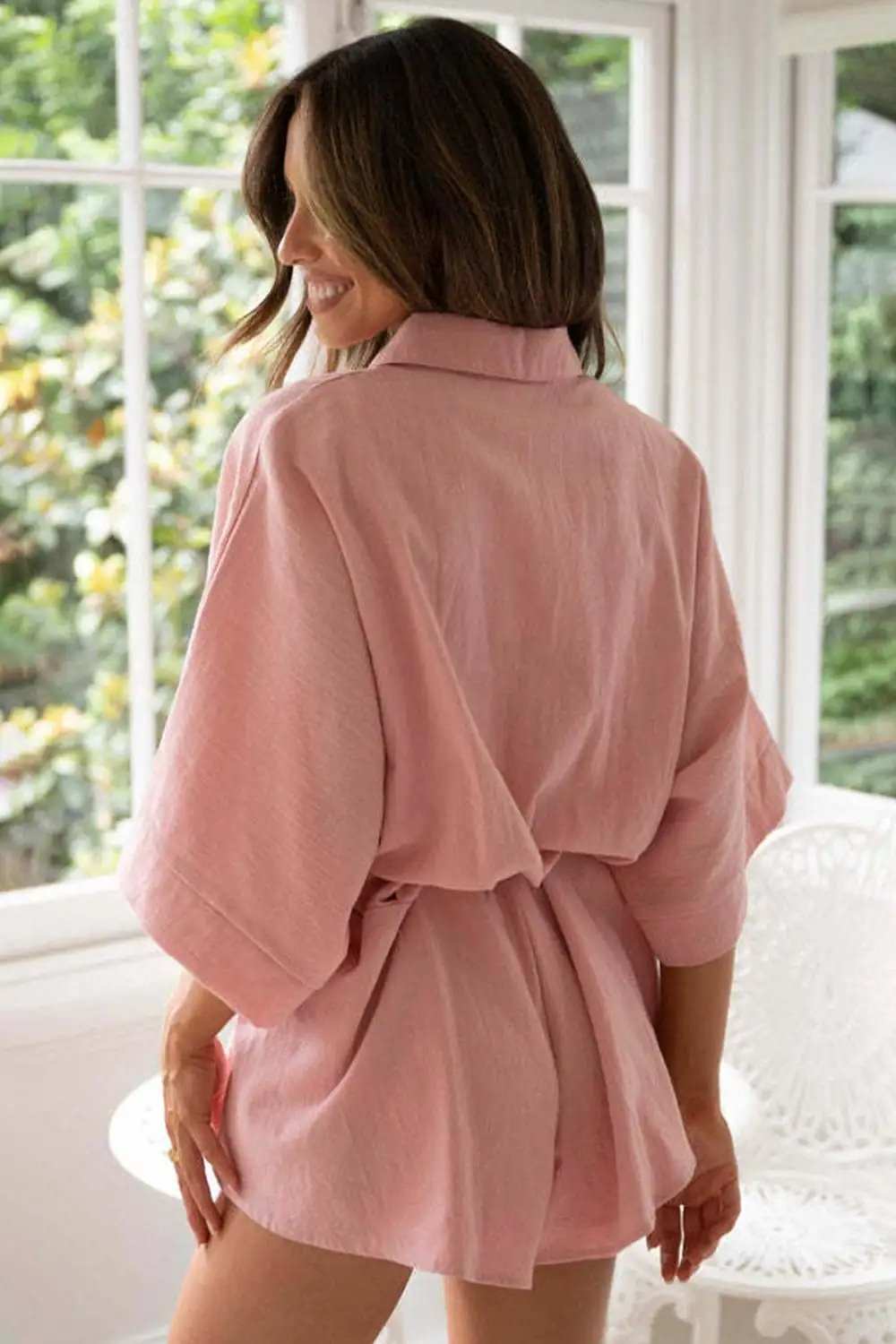 Tied Button Up Collared Neck Romper - Trendsi - Flyclothing LLC