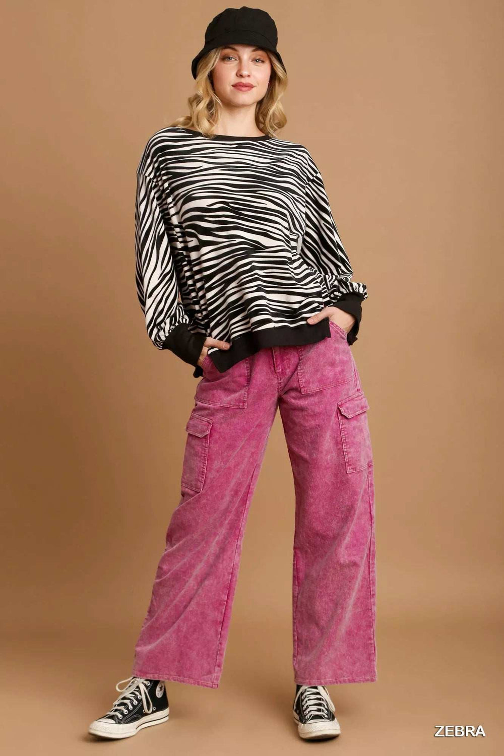 Umgee Zebra Striped Fleece Pullover Sweater Shirt - Trendsi - Flyclothing LLC