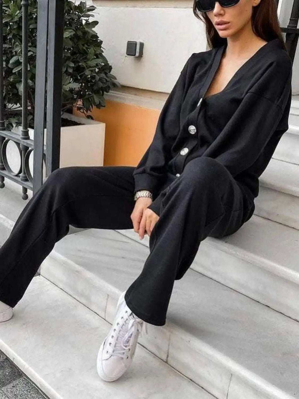 Full Size Button Up Long Sleeve Top and Pants Set - Trendsi - Flyclothing LLC