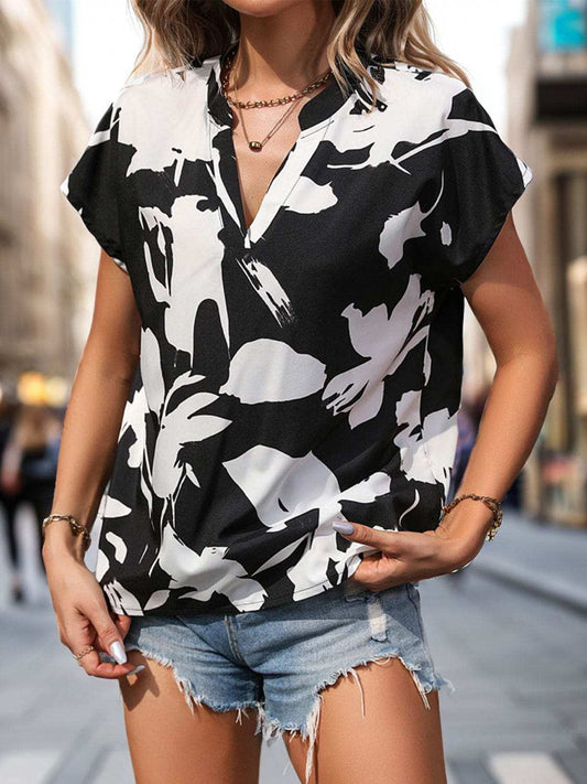 Printed Notched Short Sleeve Blouse - Trendsi - Flyclothing LLC