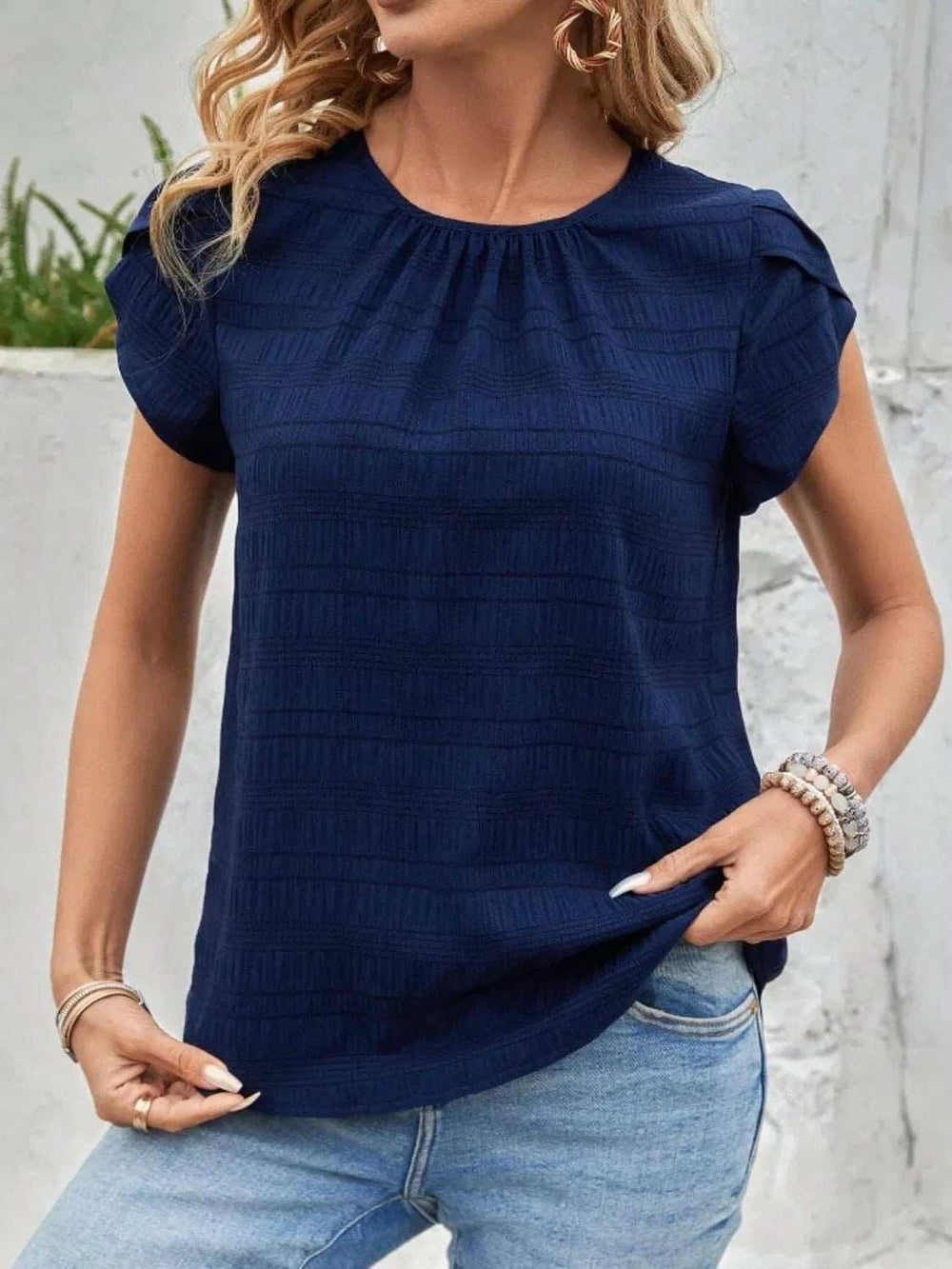 Round Neck Petal Sleeve Top - Trendsi - Flyclothing LLC