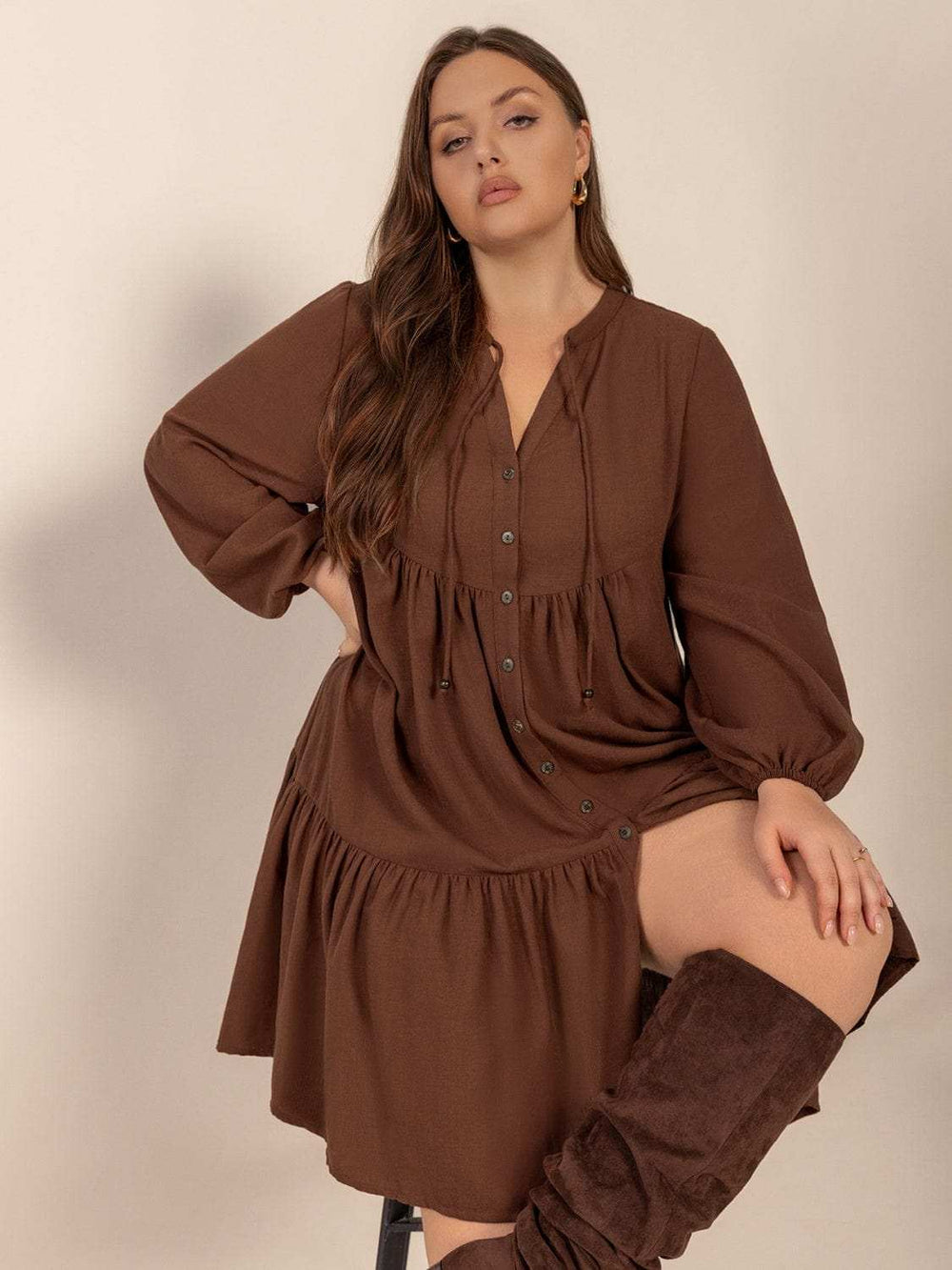 Plus Size Tie Neck Balloon Sleeve Tiered Dress - Trendsi - Flyclothing LLC