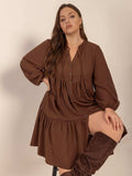 Plus Size Tie Neck Balloon Sleeve Tiered Dress - Trendsi - Flyclothing LLC
