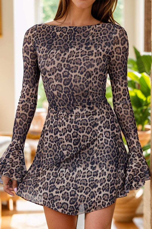 Backless Leopard Flare Sleeve Dress - Trendsi - Flyclothing LLC