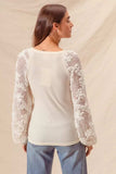 SO ME Rib Knit Top with Lace Balloon Sleeves - Trendsi - Flyclothing LLC