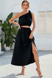 Ruched One Shoulder Top and Slit Skirt Set - Trendsi - Flyclothing LLC
