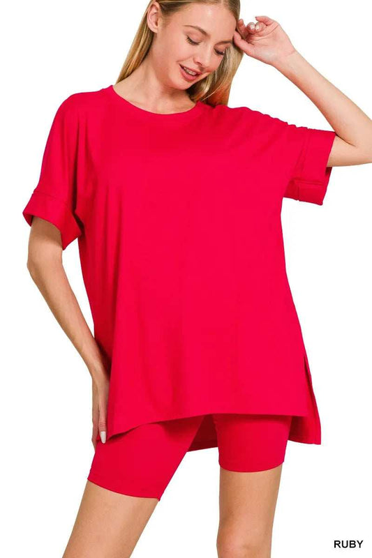 Zenana Full Size Brushed Dty Microfiber Round Neck Top and Biker Shorts Set Plus Size - Trendsi - Flyclothing LLC