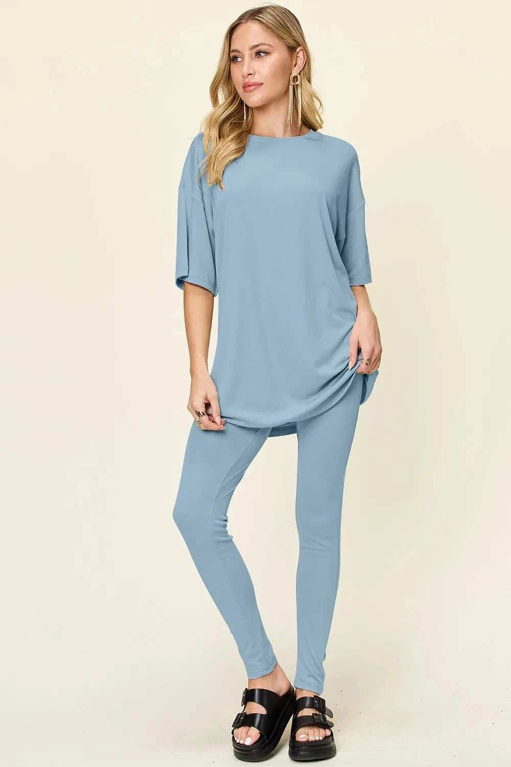 Double Take Full Size Round Neck Dropped Shoulder T-Shirt and Leggings Set - Trendsi - Flyclothing LLC