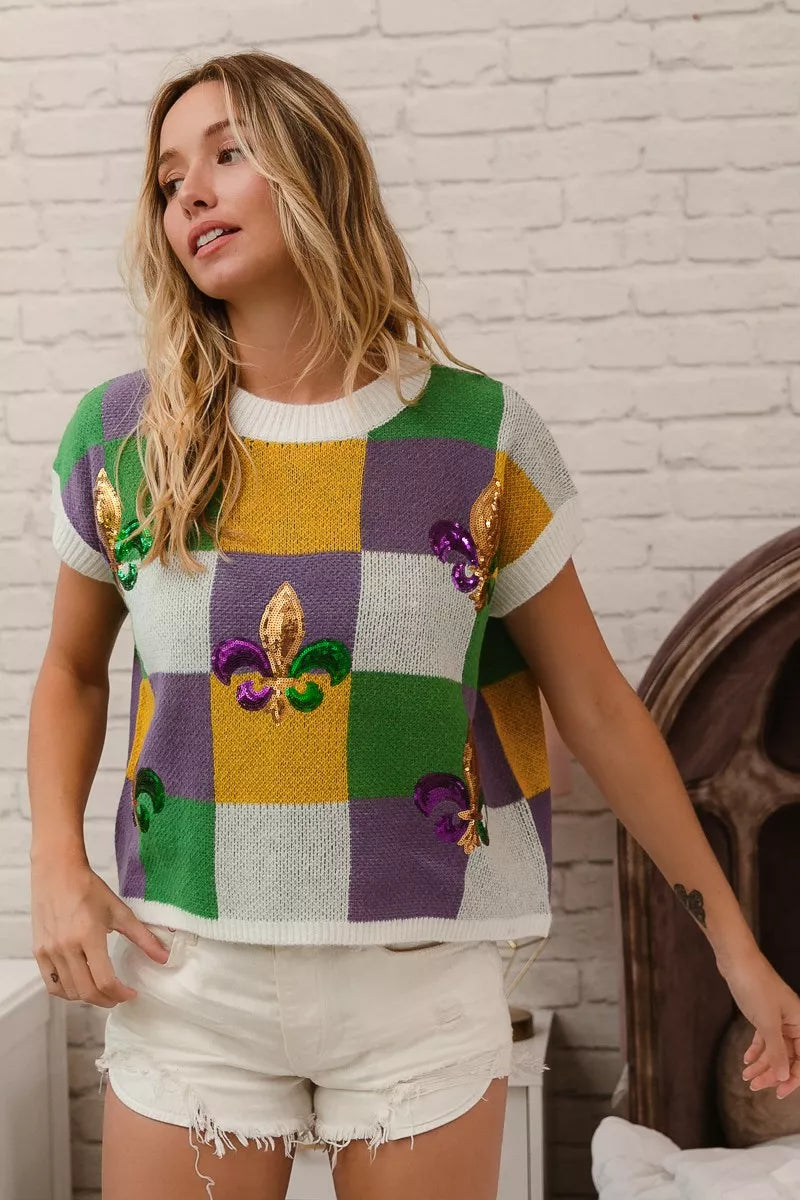 BiBi Sequin Embroidery Mardi Gras Checker Sweater Top - Trendsi - Flyclothing LLC