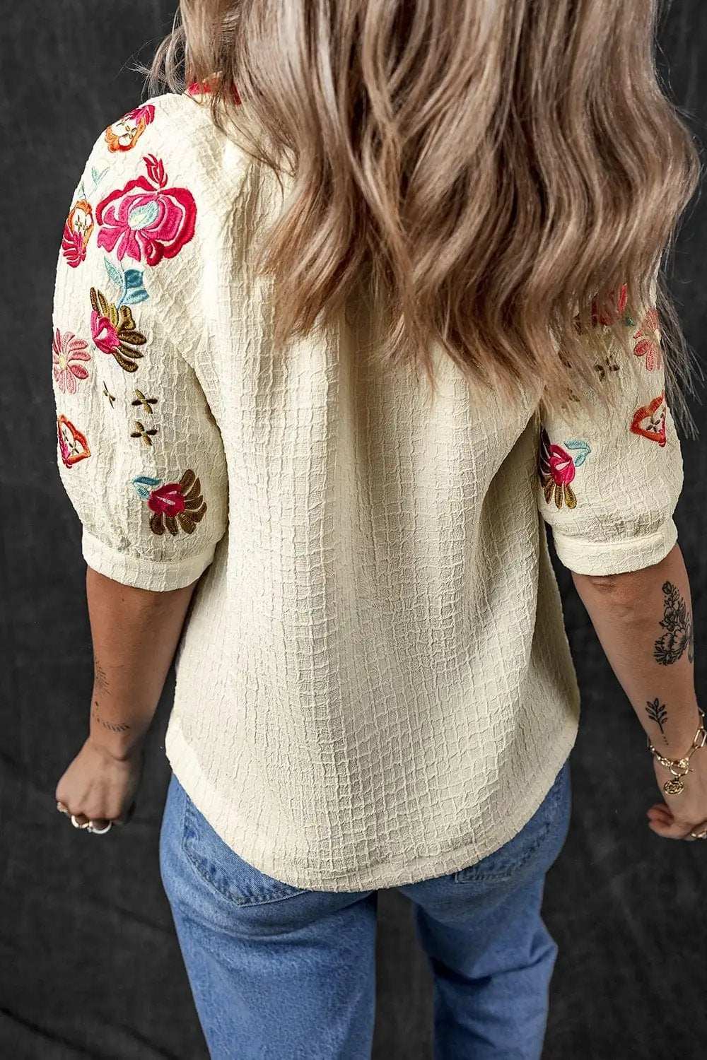 Floral Embroidered Notched Puff Sleeve Blouse - Trendsi - Flyclothing LLC