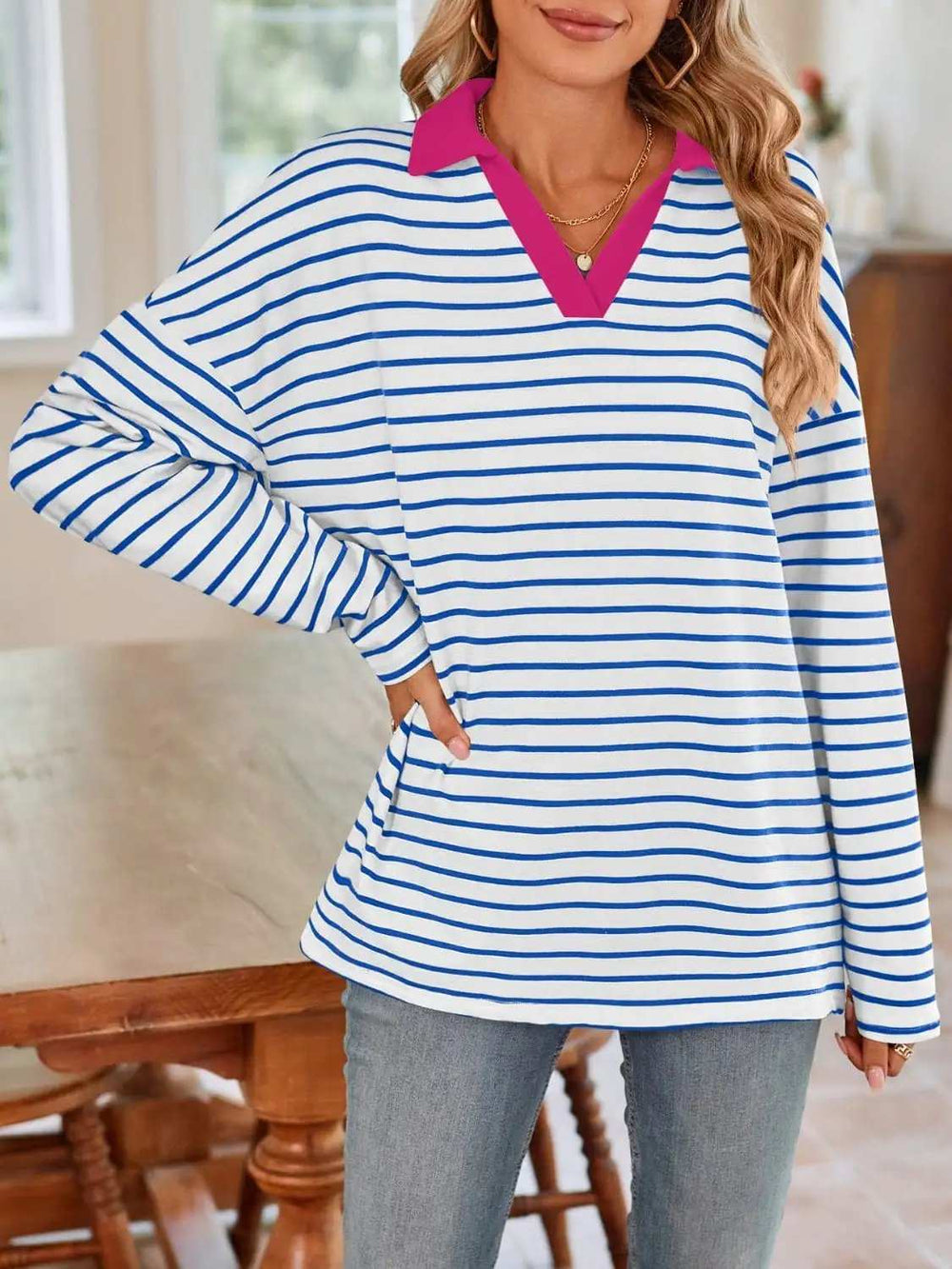 Striped Johnny Collar Long Sleeve T-Shirt - Trendsi - Flyclothing LLC