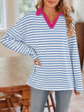Striped Johnny Collar Long Sleeve T-Shirt - Trendsi - Flyclothing LLC