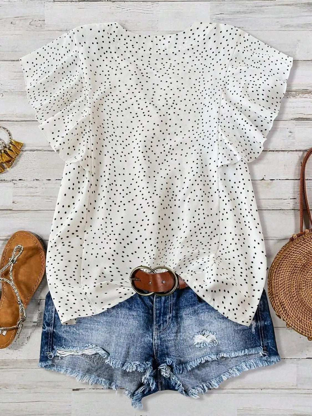 Polka Dot Notched Ruffled Cap Sleeve Blouse - Trendsi - Flyclothing LLC