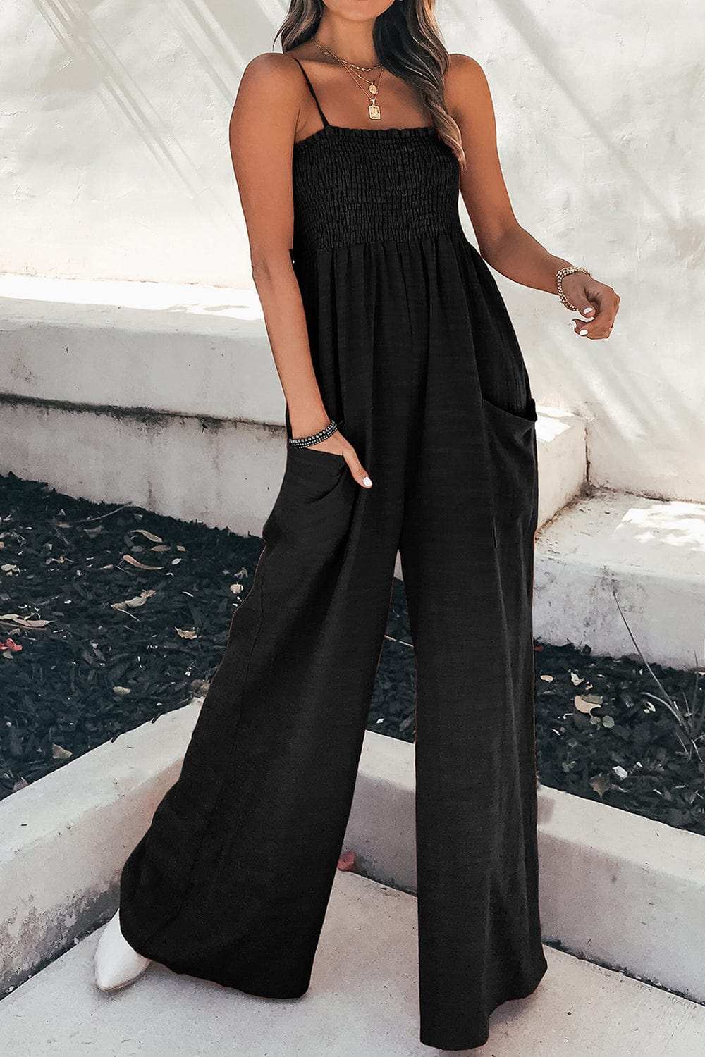 Smocked Spaghetti Strap Wide Leg Jumpsuit - Trendsi - Flyclothing LLC