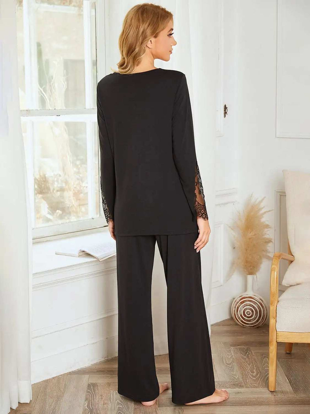 Lace Detail Long Sleeve Top and Pants Lounge Set - Trendsi - Flyclothing LLC