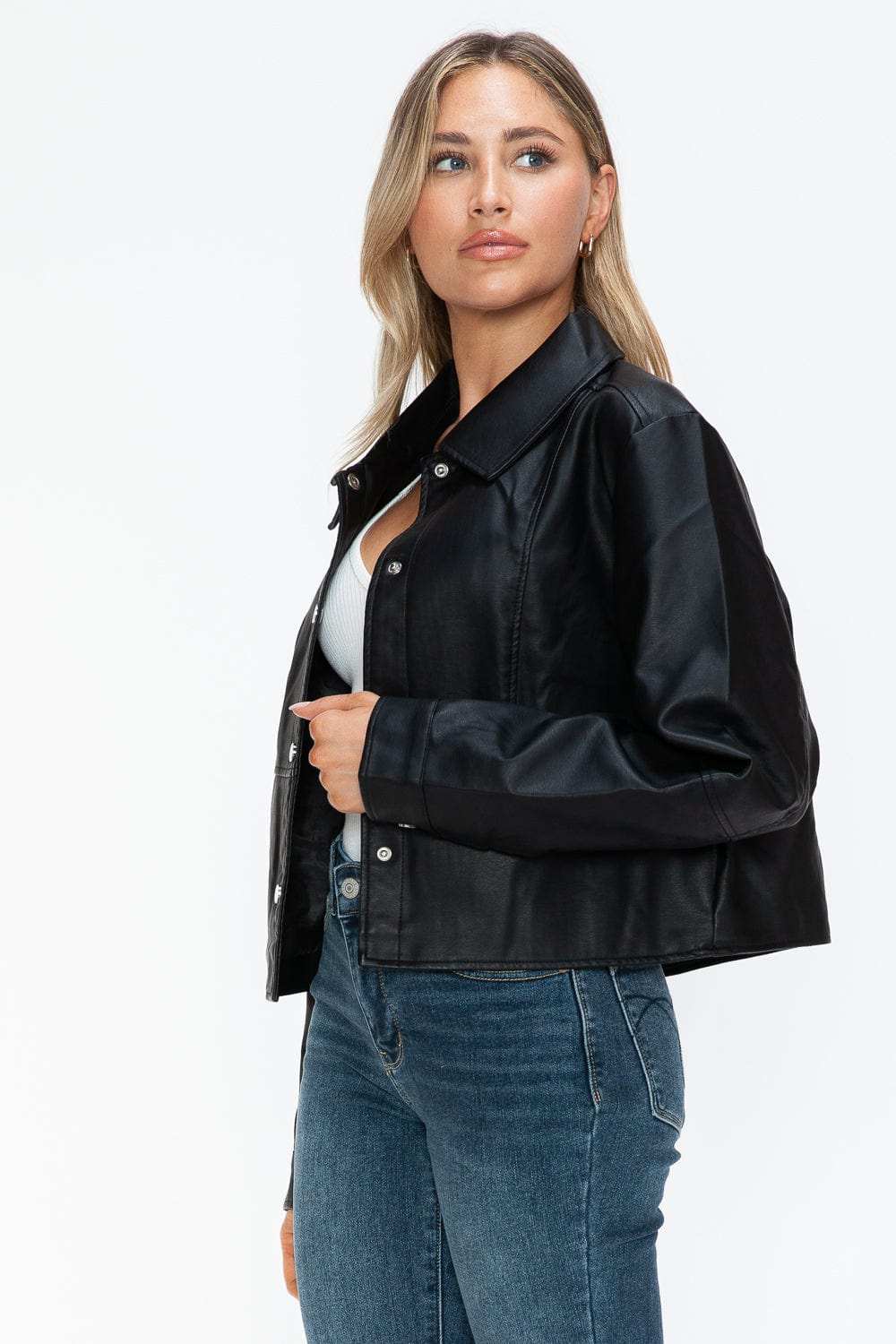 Snobbish Snap Down Long Sleeve PU Leather Jacket - Trendsi - Flyclothing LLC